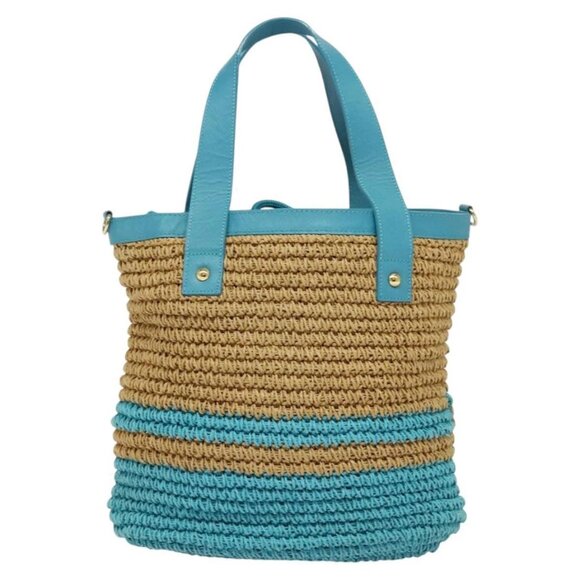 BURBERRY Blue Label Hand Bag Straw 2way Blue Gold A - Picture 3 of 15